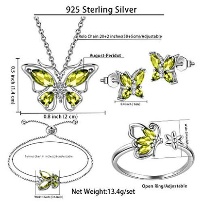 925 Sterling Silver Birthstone Butterfly Jewelry Women Crystal Animal Cute Butterflies Birthday Necklace/Earring/Ring/Bracelet Sets Birth Stone Statement Anniversary Jewellery - color: 3-H.August-Peridot