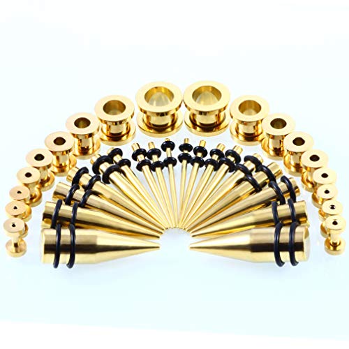 36pcs Ear Stretching Kit 14G-00G Surgical Steel Tapers Tunnels Gauges Set for Starter Women Men Expanders Body Piercing Jewelry… - color: Goldtone