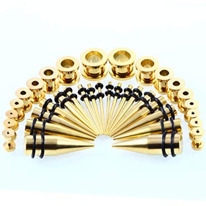 36pcs Ear Stretching Kit 14G-00G Surgical Steel Tapers Tunnels Gauges Set for Starter Women Men Expanders Body Piercing Jewelry… - color: Goldtone