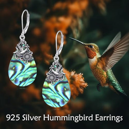 POPLYKE Dragonfly Butterfly Hummingbird Sunflower Earrings 925 Sterling Silver Abalone Shell Moonstone Leverback Earrings Jewelry - style: Hummingbird 2