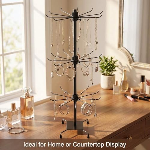 QWORK 3-Tier Rotating Metal Jewelry Display Stand – 2 Sets Adjustable Tabletop Holder for Necklace, Earring & Key Ring - size: 2 Pack