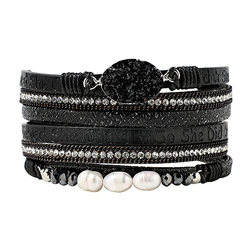 Artilady Leather Wrap Bracelet for Women, Pearl Beaded Bangle Stack Jewelry | Easy on-off, Elegant Handmade Multi-Layered, Daily Casual Date Beach Vacation, Gift for Ladies, Mother, Sister & Friend - style: So She Did, Black