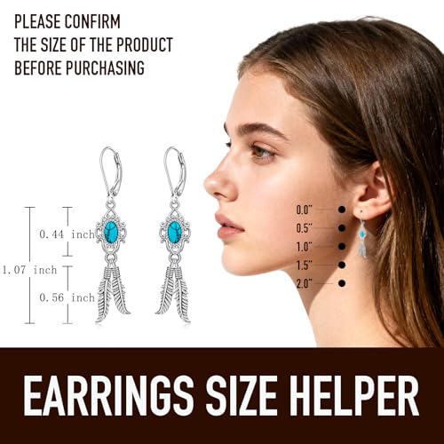 Turquoise Feather Dangle Earrings for Women Sterling Silver Turquoise Jewelry with Feather Dangling Western Chritmas Gifts for Women