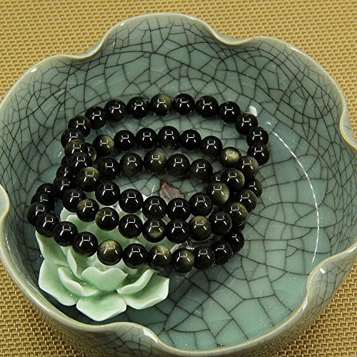 Angelstones Gemstones 8mm Round Beads Healing Crystal Bracelet for women | Natural Gemstone, Handmade Gifts for Women, Healing Crystal Round Beaded Stretch Bracelets, Unisex Jewelry for Women and Men - color: Golden Obsidian