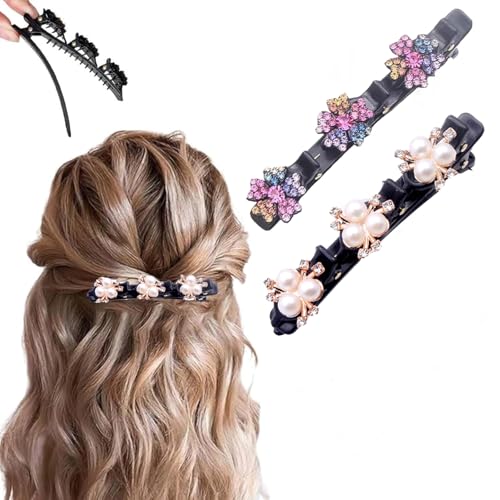 2 Pcs Sparkling Crystal Stone Braided Hair Clips, 2025 New Satin Fabric Hair Bands Rhinestone Four-Leaf Clover Hair Clip for Styling, Duck Bill Clips for Women Girls, Color I - color: Color I