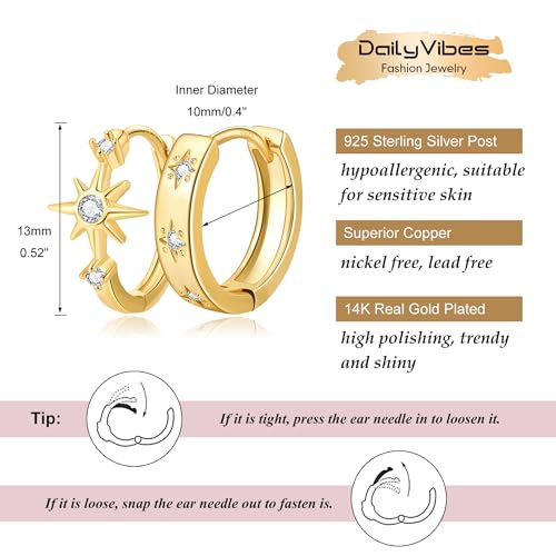 DAILY VIBES Dainty Small Star Huggie Hoop Earrings for Women Trendy | 925 Sterling Silver Post, 14K Gold or Silver Plated, Mini Cubic Zirconia, Cartilage Hoop Earrings - color: Gold Asymmetric Star