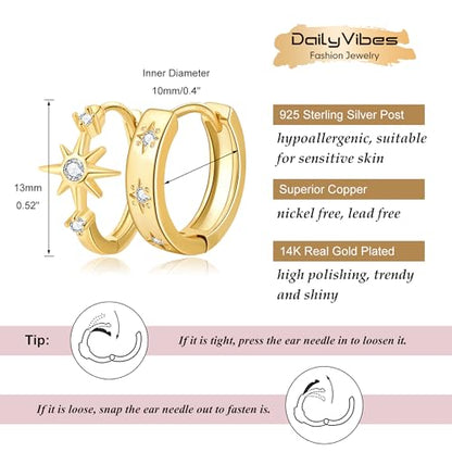 DAILY VIBES Dainty Small Star Huggie Hoop Earrings for Women Trendy | 925 Sterling Silver Post, 14K Gold or Silver Plated, Mini Cubic Zirconia, Cartilage Hoop Earrings - color: Gold Asymmetric Star
