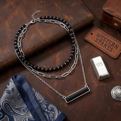 Layered Stone Necklace, Triple Strand Beaded Choker with Paperclip Chain, Boho Western Fashion Jewelry - color: Black