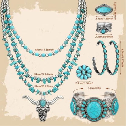 Ecally Bohemian Western Jewelry Turquoise Set Women Country Pendant Long Choker Layered Bracelets Earrings Ring for Women - color: Turquoise, style: Graceful