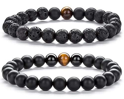 Men Women 8mm Tiger Eye Stone Beads Bracelet - color: set5