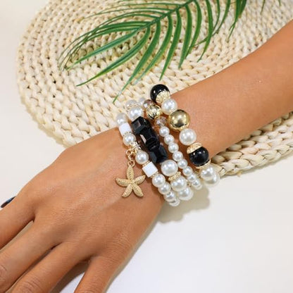 Bohemian Pearl Bracelet Set, 4 Piece Elastic Stretch Beaded Wrist Chain with Starfish Pendant, Boho Faux Pearl Multi-Color Stackable Bracelets for Women - color: Black