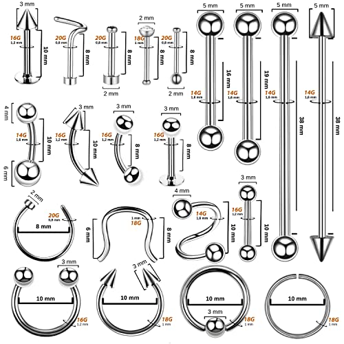 BodyJ4You 120PC Body Piercing Jewelry Kit - CBR BCR Rings Barbells Studs Screws Curved Bars - Belly Button Cartilage Tragus Nose Septum Tongue - 14G 16G 18G 20G Stainless Steel Random Bulk Set - color: 120PC Basic Jewelry