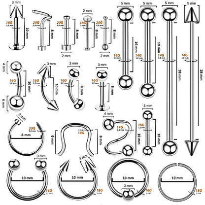 BodyJ4You 120PC Body Piercing Jewelry Kit - CBR BCR Rings Barbells Studs Screws Curved Bars - Belly Button Cartilage Tragus Nose Septum Tongue - 14G 16G 18G 20G Stainless Steel Random Bulk Set - color: 120PC Basic Jewelry