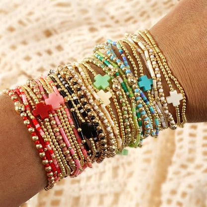 Gold Beaded Bracelets Stack for Women Stackable 14K Gold Plated Beads Ball Cross Bracelet Boho Christian Jewelry Faith Friendship Birthday Gifts for Women - color: Yellow