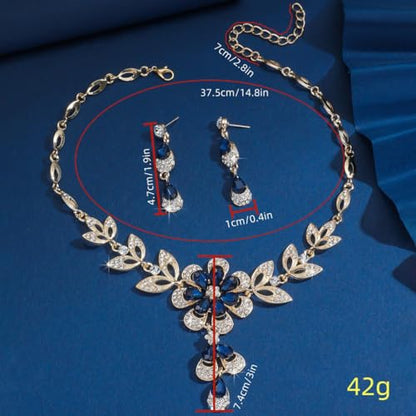 Wedding Jewelry Sets for Brides Rhinestone Necklace and Earring Set Bracelet Ring Gold Silver Prom Jewelry Sets Diamond Flower Teardrop Necklace for Women - color: Style3-Blue&Gold-2pcs