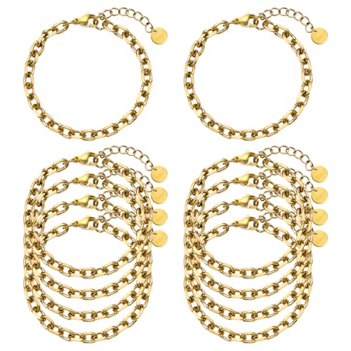 UMAOKANG Gold Plated Stainless Steel Bracelet Chains for Jewelry Making | 10PCS Thick Cable Hand Chains Bracelets Set PVD Gold Plating Permanent Jewelry Chain - color: 10pcs Cable Gold