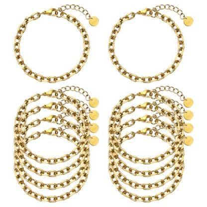 UMAOKANG Gold Plated Stainless Steel Bracelet Chains for Jewelry Making | 10PCS Thick Cable Hand Chains Bracelets Set PVD Gold Plating Permanent Jewelry Chain - color: 10pcs Cable Gold