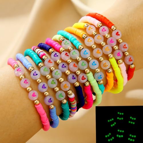 Heishi Surfer Clay Bead Bracelets Set for Women - Preppy Smile Evil Eye Beaded Stretch Bracelets Elastic Layering Friendship Bracelets- Stackable Boho Disc Summer Jewelry Set - color: 12PC-3heart-B