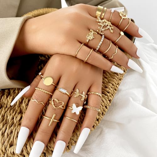 iF YOU 25 Pcs Gold Stackable Ring Set for Women, Chunky Knuckle Finger Midi Rings, Silver Simple Stacking Cute Rings Pack Trendy Stuff Jewelry Gift - style: 24 Gold leaf-size 6-9