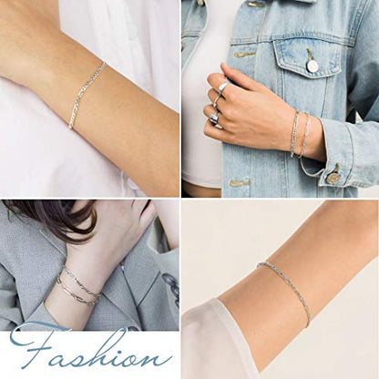 ChainsHouse Stainless Steel Herringbone Flat Chain Bracelets for Women,18K Gold/Rose Gold/Black Metal Paperclip/Snake/Cuban/Figaro Sterling Silver Link Charm Bracelet, 16+5cm Adjustable, With Gift Box - color: c. figaro-sterling silver