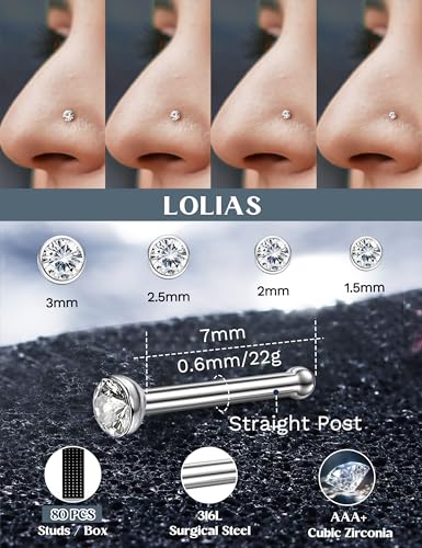 LOLIAS 80-160Pcs Surgical Steel Nose Rings Studs for Women Hypoallergenic | Straight or L Shaped Small Nose Studs Pin,Hypoallergenic 20G 22G Tiny Bone Nose Piercing Jewelry, 1.5/2/2.5/3 mm CZ Mix - color: 80Pcs 22G Straight（white）