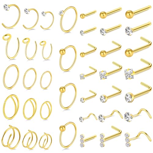 23-40 Pcs Gold Nose Rings & Studs - 18G & 20G Nose Piercing Jewelry - L Shape, Hoop & Screw Body Jewelry for Women & Men - color: Gold-C