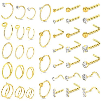 23-40 Pcs Gold Nose Rings & Studs - 18G & 20G Nose Piercing Jewelry - L Shape, Hoop & Screw Body Jewelry for Women & Men - color: Gold-C