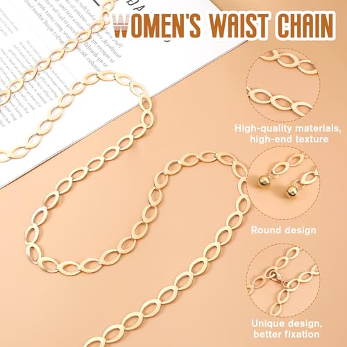 Metal Waist Chain Belt for Women, Dainty Body Link Jewelry, Adjustable Loin Chain Link Body Waist Long Hollow Belt for Jean Pants Dress (Gold)