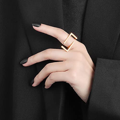 Unique Rectangle Open Band Ring for Women Girls Geometrical Finger Rings | Gold-Toned, Minimalist Statement, Adjustable Expandable, Comfort Fit, Fashion Simple Jewelry