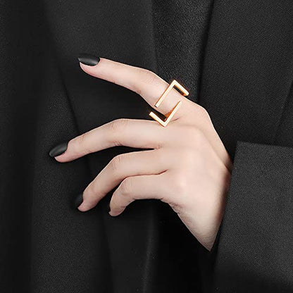 Unique Rectangle Open Band Ring for Women Girls Geometrical Finger Rings | Gold-Toned, Minimalist Statement, Adjustable Expandable, Comfort Fit, Fashion Simple Jewelry