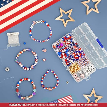 The Beadsmith USA Bead Mix Assortment – Red White and Blue Beads with American Flags & Soccer Balls, Includes 5.4 yd (16.1 ft) Stretch Cord in 0.8 mm Dia, 250 Anniversary USA Merchandise Beads