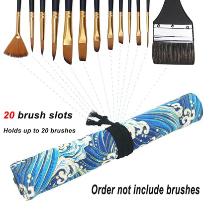 Funny live Paint Brush Holder Art Supplies, Artist Brush Holder & Art Supply Storage Organizer Roll-Up Case Bag, Protect Acrylic Oil Watercolor Paintbrushes (Blue Sea Wave-20 Slot Pockets) - style: Blue Sea Wave-20 Slot Pockets