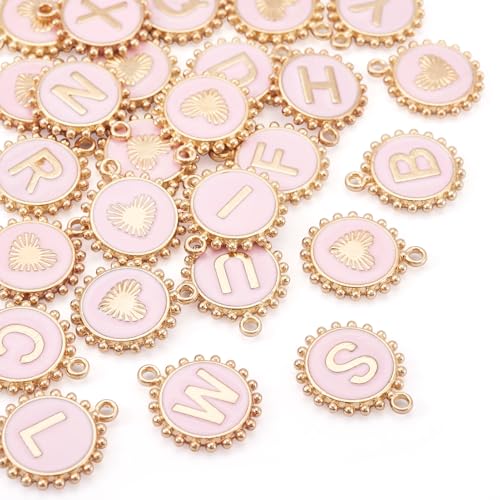 Cheriswelry Letter Alphabet Charm for Jewelry Making Initial Letter A-Z Pendants Flat Round Hexagon Alloy Enamel Charms for Necklace Bracelet Earring Jewelry Making DIY Craft - color: Pink