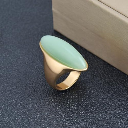 HAIXIAN Exaggerated Gemstone Ring,Big 14K Gold Plated Eye Shape Stone Chunky Statement Ring,Cocktail Party Ring Jewelry Gift for Women - color: A01_Dongling Jade