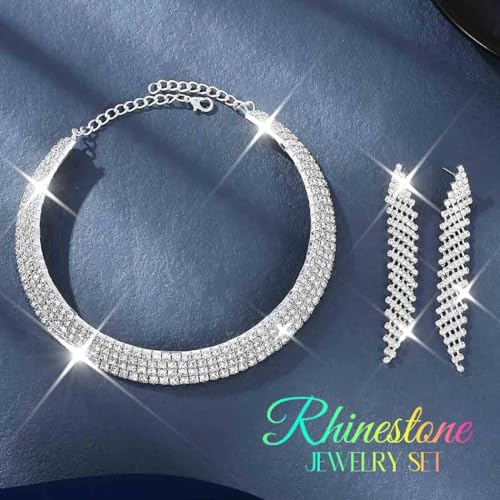 Rhinestone Bridal Wedding Jewelry Sets Silver Choker Necklace Earrings Set Prom Formal Costume Jewelry Set for Women and Brides - color: Silver