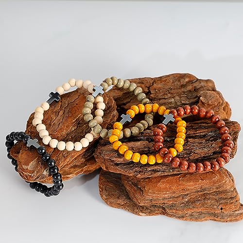 5 Pcs Wooden Beaded Bracelet Bangle for Men and Women Elastic - style: Black Cross