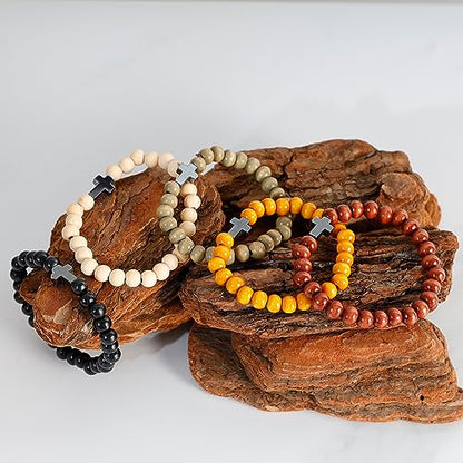 5 Pcs Wooden Beaded Bracelet Bangle for Men and Women Elastic - style: Black Cross