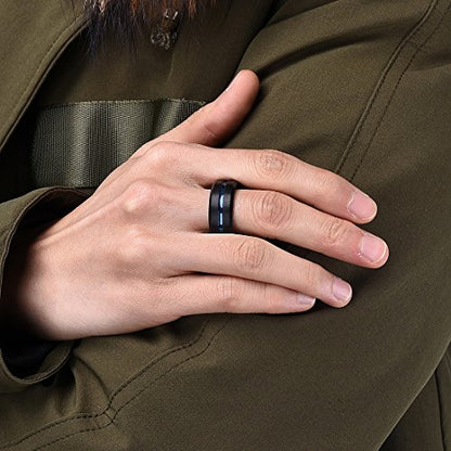 King Will Mens Tungsten Rings for Men Two Tone Grooved Mens Wedding Band Cool - color: Black & Blue 10mm