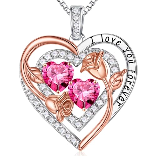 Iefil Heart Birthstone Necklace for Women - Double Birthstone Jewelry | 925 Sterling Silver, Gift Box Packaging, Anniversary Birthday Gifts for Women Wife Mom - color: 10-10-Oct-Oct Birthstone