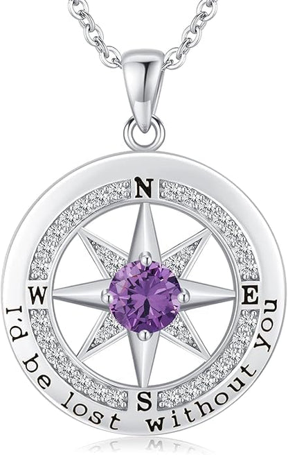 Compass Necklace for Women Wife Girlfriend Mom Daughter Gifts | S925 Silver Jewelry For Anniversary 18K Rose Gold Gifts For Birthday Christmas Mothers Valentines Day 12 Birthstones - style: 02-February-Silver