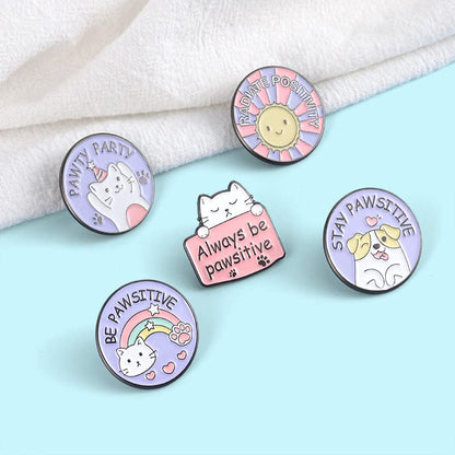 2pc Stay Pawsitive Always Be Pawsitive Enamel Lapel Pin Set Cute Cat Dog brooch metal badge Cartoon Animal Jewelry Accessory