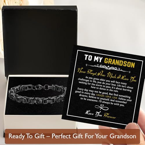To Our Grandson Bracelet from Grandpa and Grandma - Love You Forever Engraved Leather Wristband with Inspirational Message Card - Sentimental Birthday Graduation Gift for Men, Teen - color: Version-01