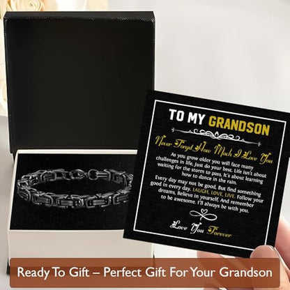 To Our Grandson Bracelet from Grandpa and Grandma - Love You Forever Engraved Leather Wristband with Inspirational Message Card - Sentimental Birthday Graduation Gift for Men, Teen - color: Version-01