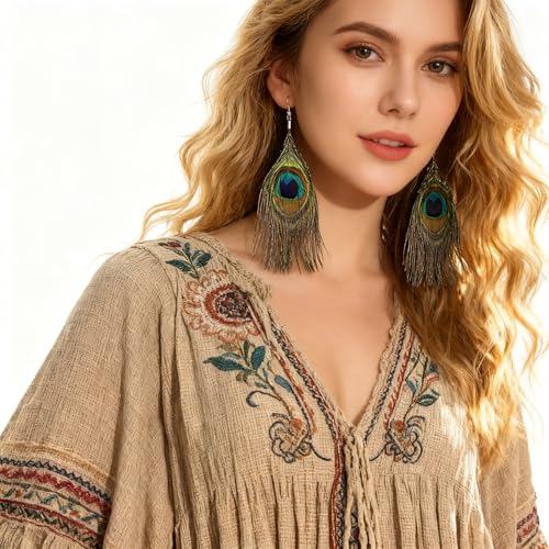 Feather Earrings for Women, Sterling Silver Hook Boho Style Peacock Long Feather Jewelry - color: Peacock Feather-3