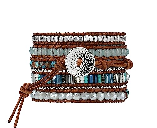 Bracelet for Women – Handmade Vegan Boho Natural Stone Layered Bracelet, Thailand Bohemian Stackable Beaded Wrap Bracelets, Summer Hippie Bracelet Stack, Fashion Jewelry Gifts - color: A18-Blue