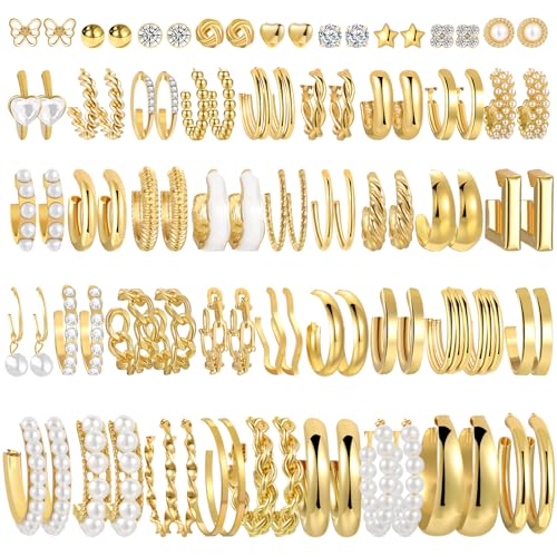 42 Pairs Gold Hoop Earrings Set for Women, Hypoallergenic Multipack Small to Chunky Hoops, Pearl & Twisted Trendy Earrings for Everyday Wear & Mothers Day Gifts - color: Gold-45 pairs