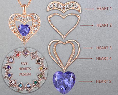 5 Heart I Love You Necklace for Women, Birthstone Crystal Pendant, Birthday Gift for Her, Wife, Mom, Rose Gold or Gunmetal Plated, 925 Sterling Silver Chain 18"+2" - color: 12-December-Tanzanite Purple-Rose Gold Plated