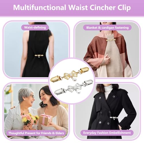 Frutain 2 Pcs Bow Waist Cincher Clips,Sweater Shawl Clips for women, Alloy Waist Buckle for Dresses,Shirts,Cardigans - color: Sliver/Gold