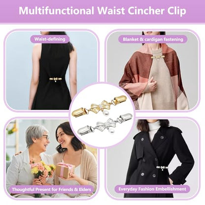 Frutain 2 Pcs Bow Waist Cincher Clips,Sweater Shawl Clips for women, Alloy Waist Buckle for Dresses,Shirts,Cardigans - color: Sliver/Gold