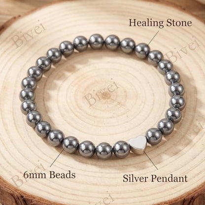 Bivei Crystal Stretch 6mm Bracelets for Women | Handmade Natural Stone Beaded Stretch Bracelet, Stainless Steel Heart Bead, Tranquility Yoga Gift Jewelry for Women - color: Hematite - Grounding